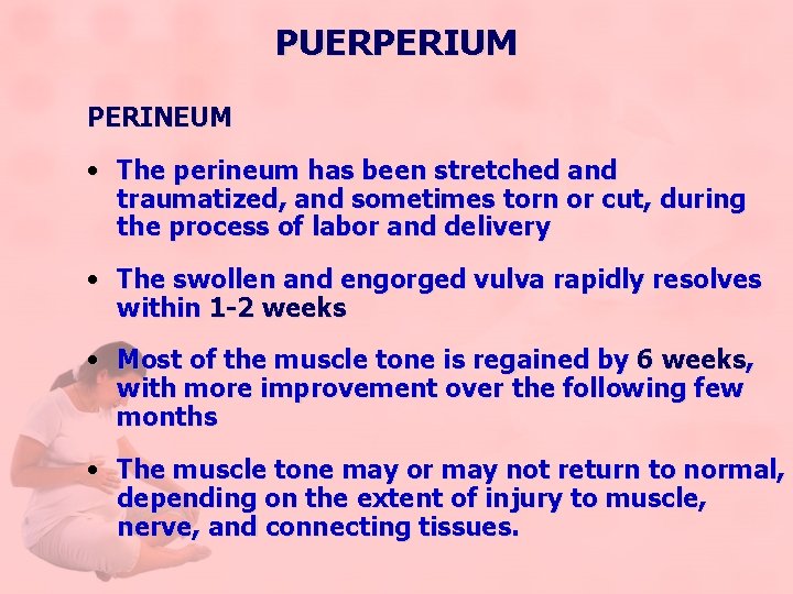 PUERPERIUM PERINEUM • The perineum has been stretched and traumatized, and sometimes torn or
