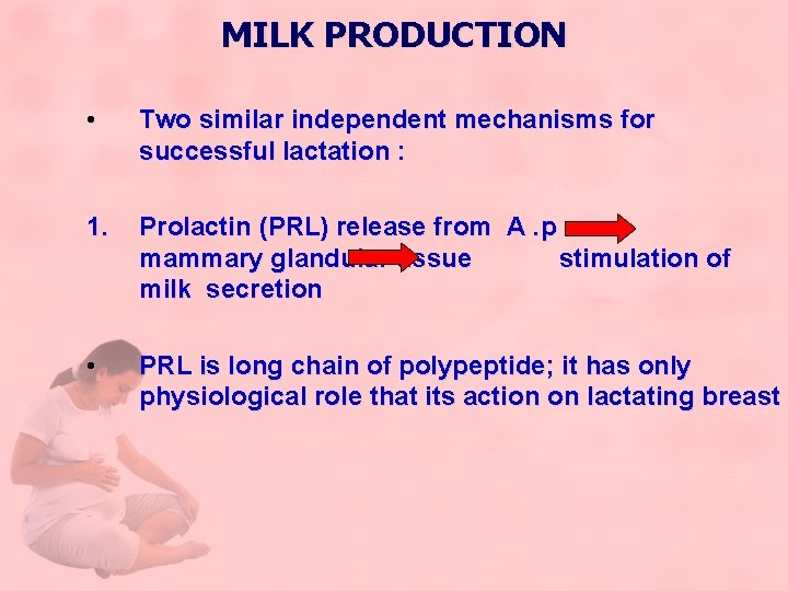 MILK PRODUCTION • Two similar independent mechanisms for successful lactation : 1. Prolactin (PRL)