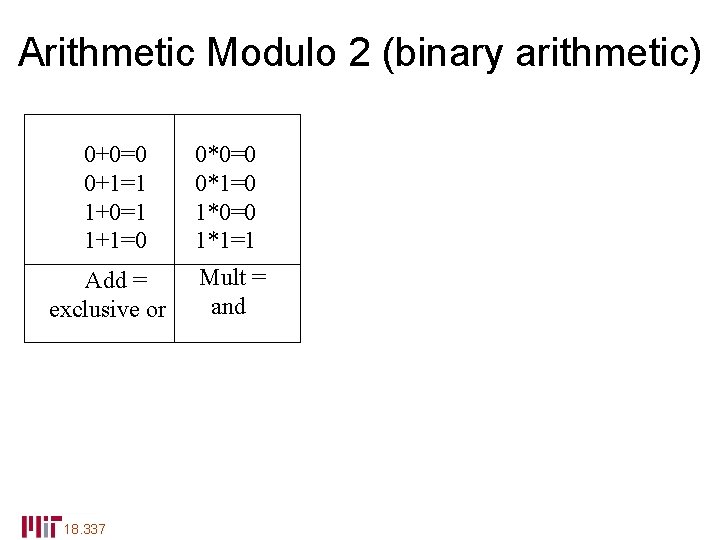 Arithmetic Modulo 2 (binary arithmetic) 0+0=0 0+1=1 1+0=1 1+1=0 Add = exclusive or 18.