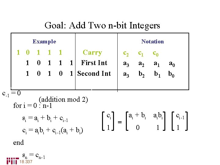 Carry-Look Ahead Addition (Babbage 1800’s) Goal: Add Two n-bit Integers Example Notation 1 0