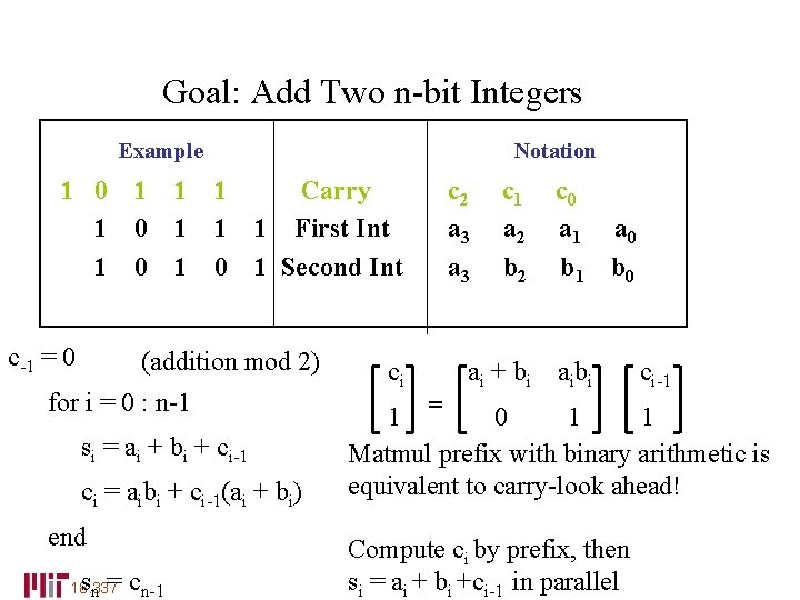 Carry-Look Ahead Addition (Babbage 1800’s) Goal: Add Two n-bit Integers Example Notation 1 0