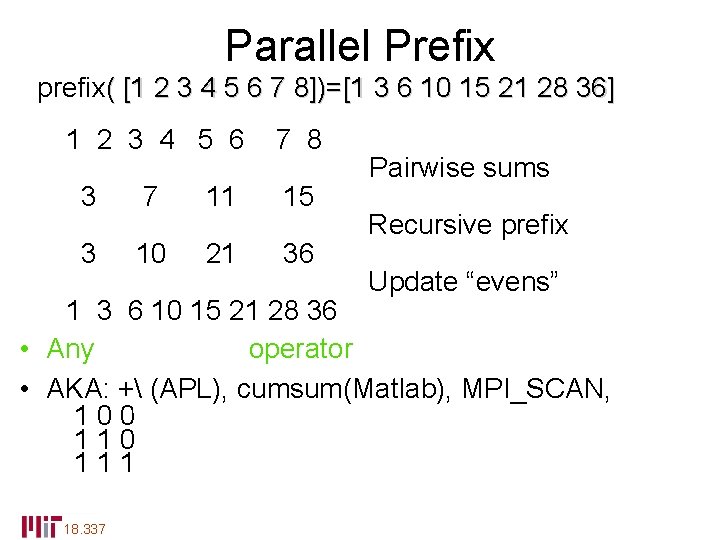 Parallel Prefix prefix( [1 2 3 4 5 6 7 8])=[1 3 6 10