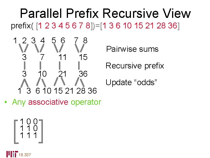 Parallel Prefix Recursive View prefix( [1 2 3 4 5 6 7 8])=[1 3