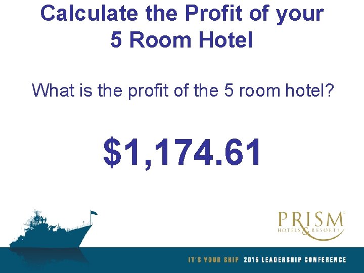 Calculate the Profit of your 5 Room Hotel What is the profit of the