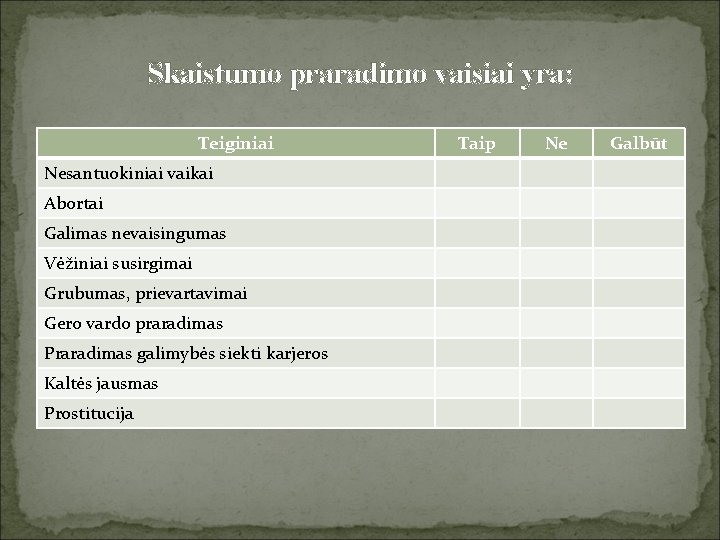 Skaistumo praradimo vaisiai yra: Teiginiai Nesantuokiniai vaikai Abortai Galimas nevaisingumas Vėžiniai susirgimai Grubumas, prievartavimai