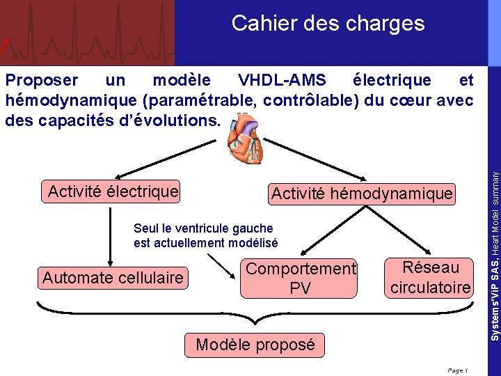 Cahier des charges Activité électrique Activité hémodynamique Seul le ventricule gauche est actuellement modélisé