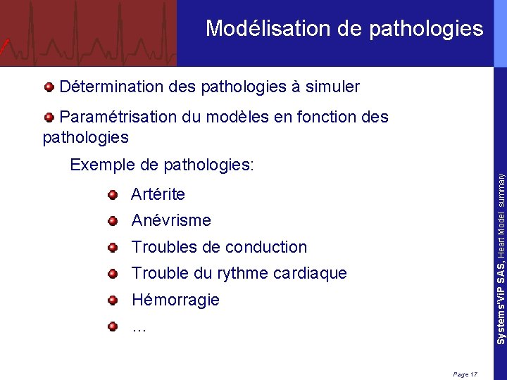 Modélisation de pathologies Détermination des pathologies à simuler Paramétrisation du modèles en fonction des