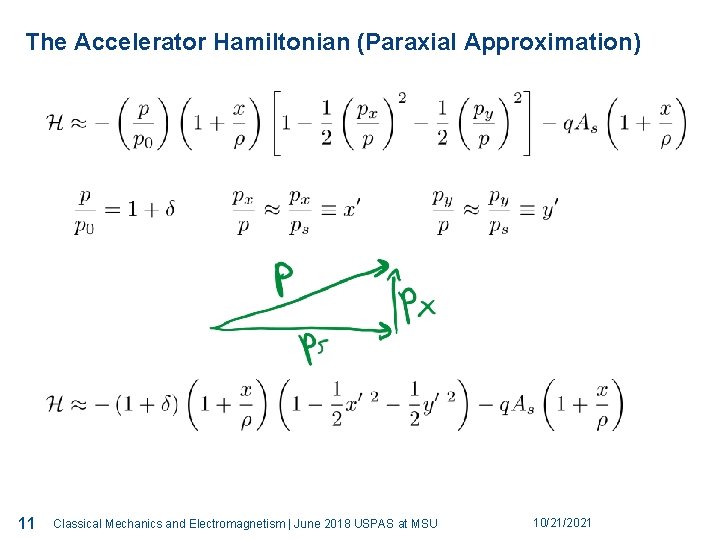 The Accelerator Hamiltonian (Paraxial Approximation) 11 11 Classical Mechanics and Electromagnetism | June 2018