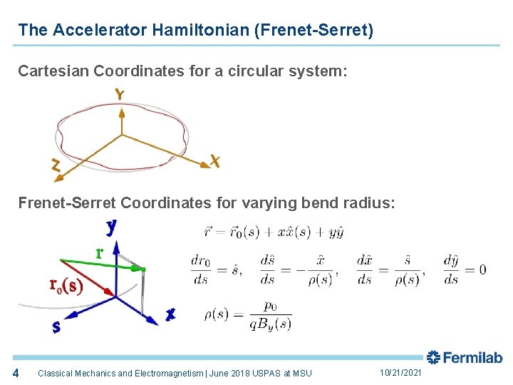 The Accelerator Hamiltonian (Frenet-Serret) Cartesian Coordinates for a circular system: Frenet-Serret Coordinates for varying