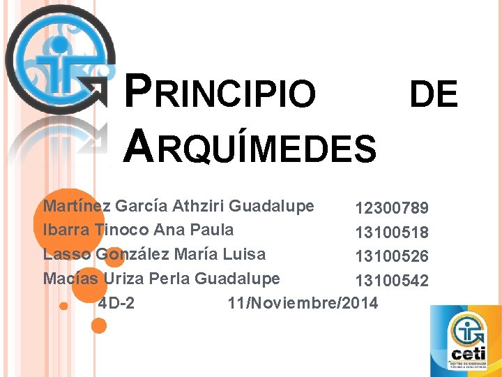 PRINCIPIO ARQUÍMEDES DE Martínez García Athziri Guadalupe 12300789 Ibarra Tinoco Ana Paula 13100518 Lasso