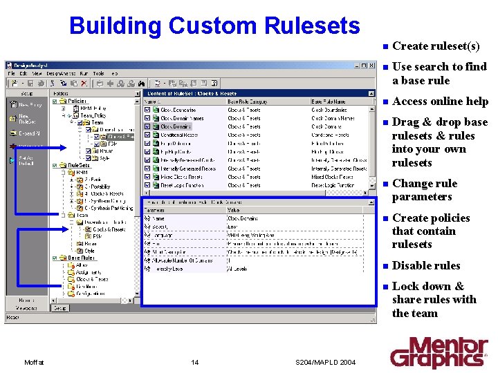 Building Custom Rulesets Moffat 14 S 204/MAPLD 2004 n Create ruleset(s) n Use search