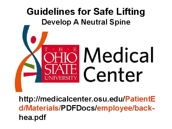 Guidelines for Safe Lifting Develop A Neutral Spine http: //medicalcenter. osu. edu/Patient. E d/Materials/PDFDocs/employee/backhea.