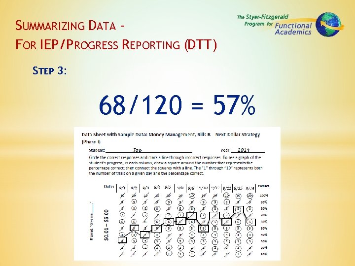 SUMMARIZING DATA – FOR IEP/PROGRESS REPORTING (DTT) STEP 3: 68/120 = 57% 