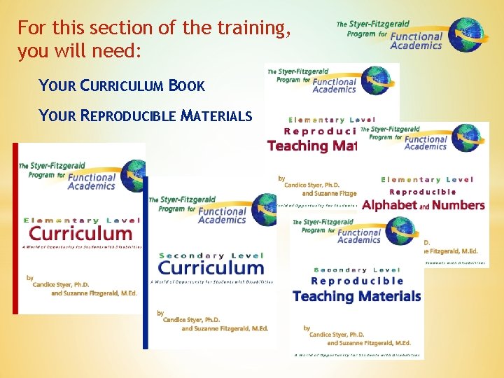 For this section of the training, you will need: YOUR CURRICULUM BOOK YOUR REPRODUCIBLE