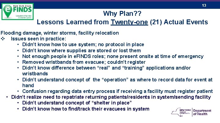 13 Why Plan? ? Lessons Learned from Twenty-one (21) Actual Events Flooding damage, winter