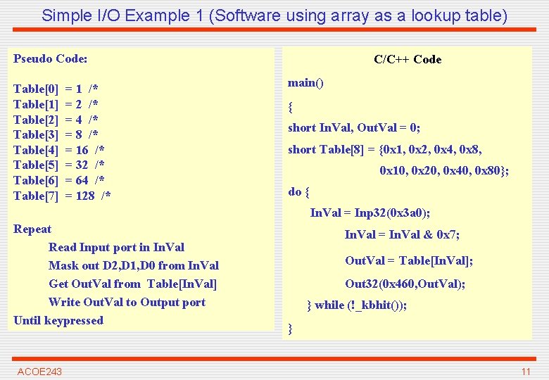 Simple I/O Example 1 (Software using array as a lookup table) Pseudo Code: Table[0]