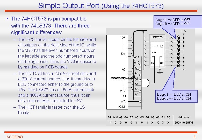 Simple Output Port (Using the 74 HCT 573) • The 74 HCT 573 is