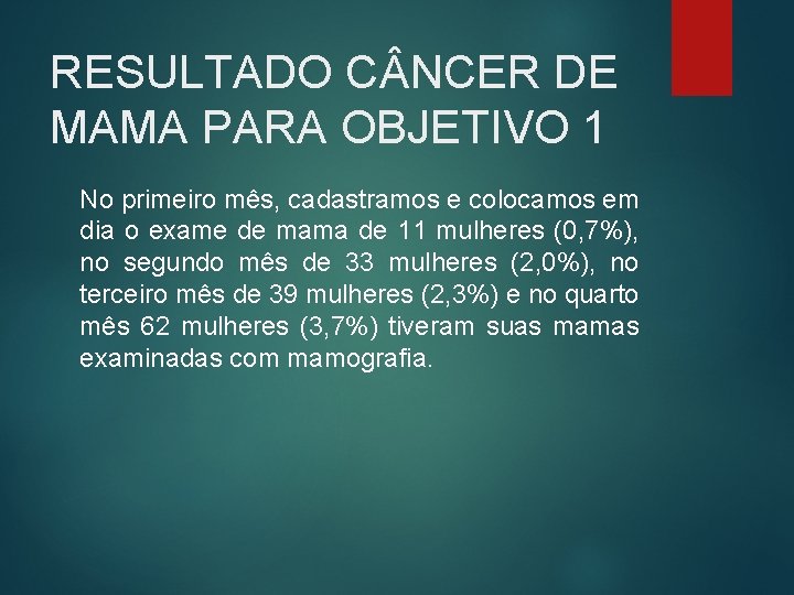 RESULTADO C NCER DE MAMA PARA OBJETIVO 1 No primeiro mês, cadastramos e colocamos