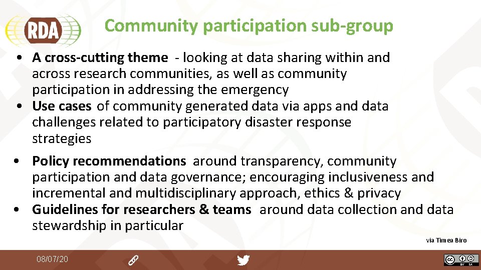 Community participation sub-group • A cross-cutting theme - looking at data sharing within and Community participation sub-group • A cross-cutting theme - looking at data sharing within and