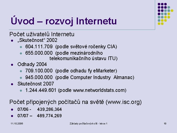 Úvod – rozvoj Internetu Počet uživatelů Internetu l l l „Skutečnost“ 2002 l 604.