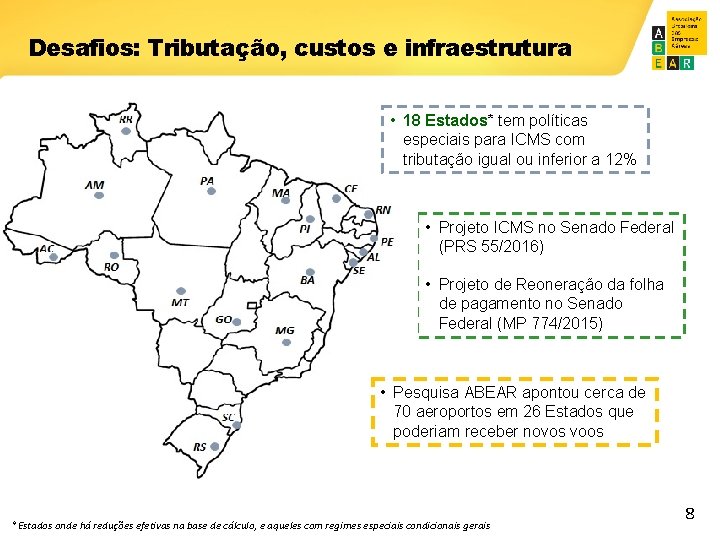 Desafios: Tributação, custos e infraestrutura • 18 Estados* tem políticas especiais para ICMS com