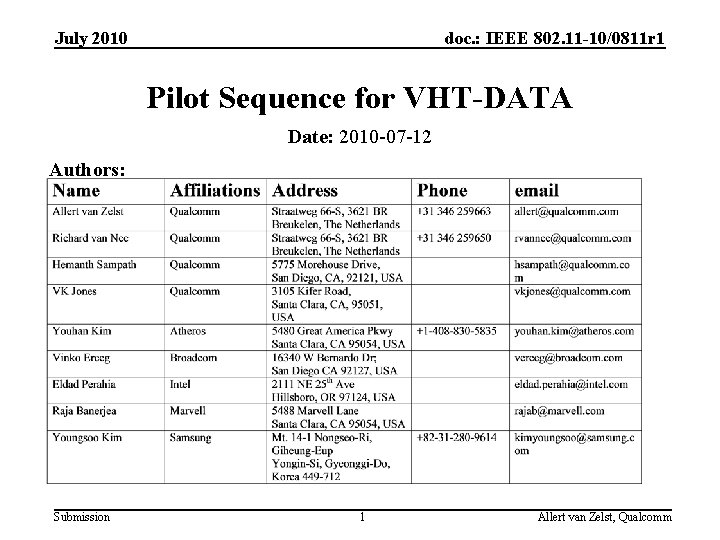 July 2010 doc. : IEEE 802. 11 -10/0811 r 1 Pilot Sequence for VHT-DATA