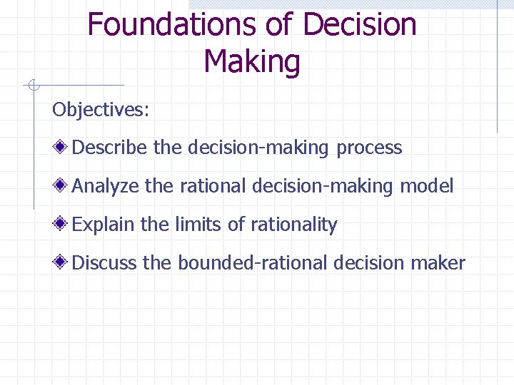 Foundations of Decision Making Objectives: Describe the decision-making process Analyze the rational decision-making model