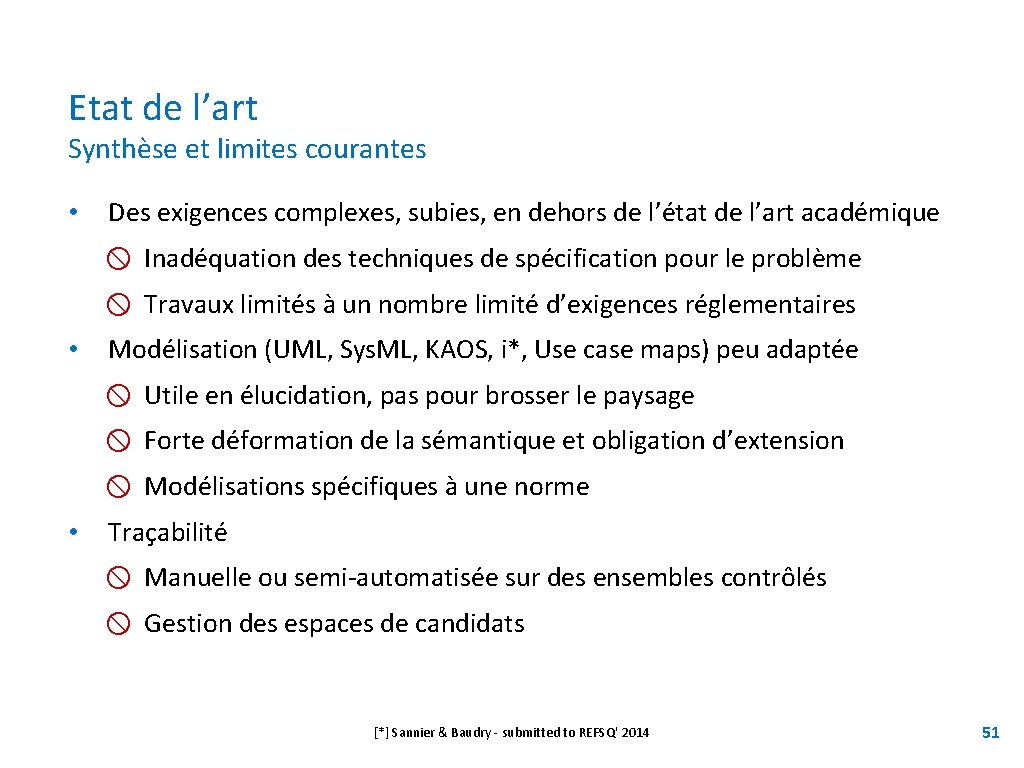 Etat de l’art Synthèse et limites courantes • Des exigences complexes, subies, en dehors