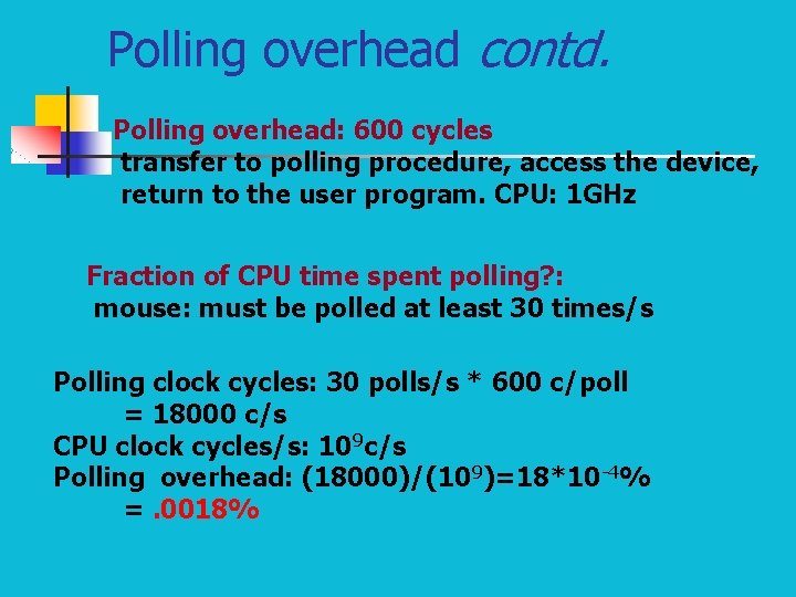Polling overhead contd. Polling overhead: 600 cycles transfer to polling procedure, access the device,