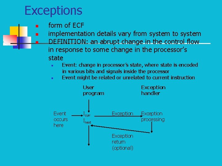 Exceptions n n n form of ECF implementation details vary from system to system