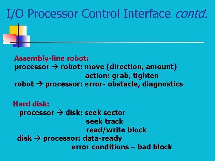 I/O Processor Control Interface contd. Assembly-line robot: processor robot: move (direction, amount) action: grab,