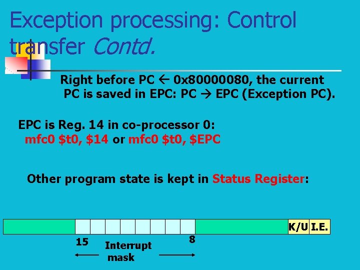 Exception processing: Control transfer Contd. Right before PC 0 x 80000080, the current PC