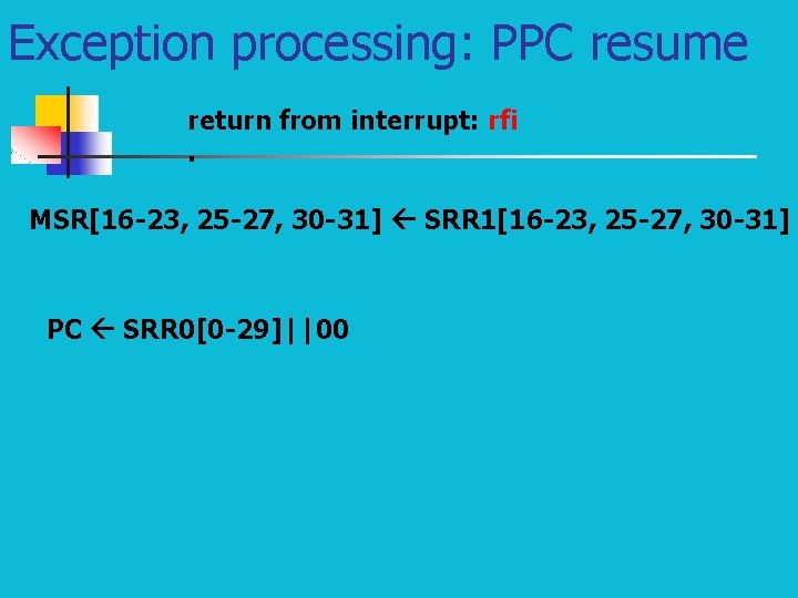Exception processing: PPC resume return from interrupt: rfi. MSR[16 -23, 25 -27, 30 -31]