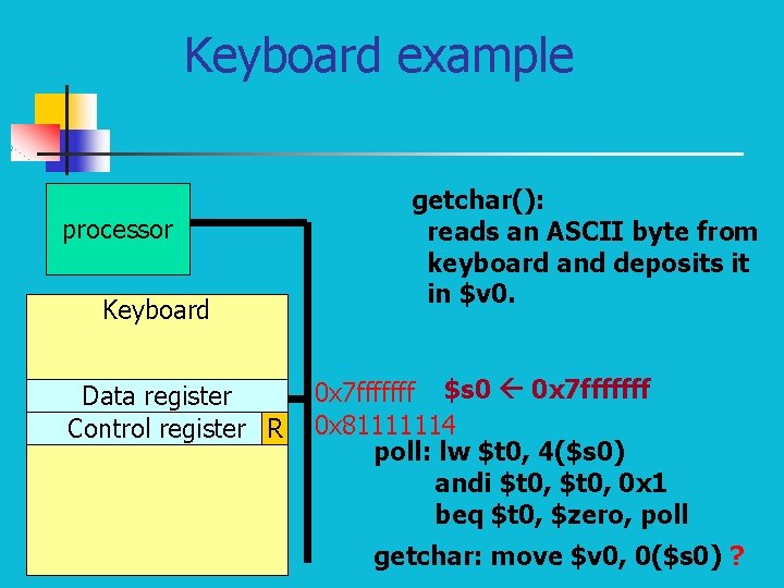 Keyboard example processor Keyboard Data register Control register R getchar(): reads an ASCII byte