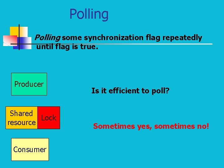 Polling some synchronization flag repeatedly until flag is true. Producer Shared Lock resource Consumer
