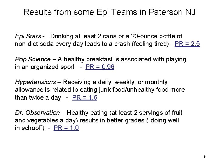 Results from some Epi Teams in Paterson NJ Epi Stars - Drinking at least