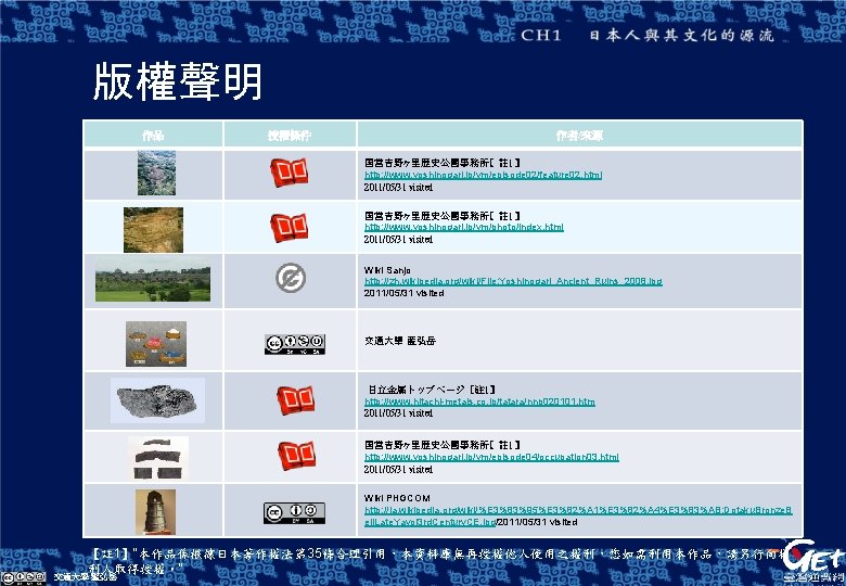 版權聲明 作品 授權條件 作者/來源 国営吉野ヶ里歴史公園事務所【 註 1】 http: //www. yoshinogari. jp/ym/episode 02/feature 02. html