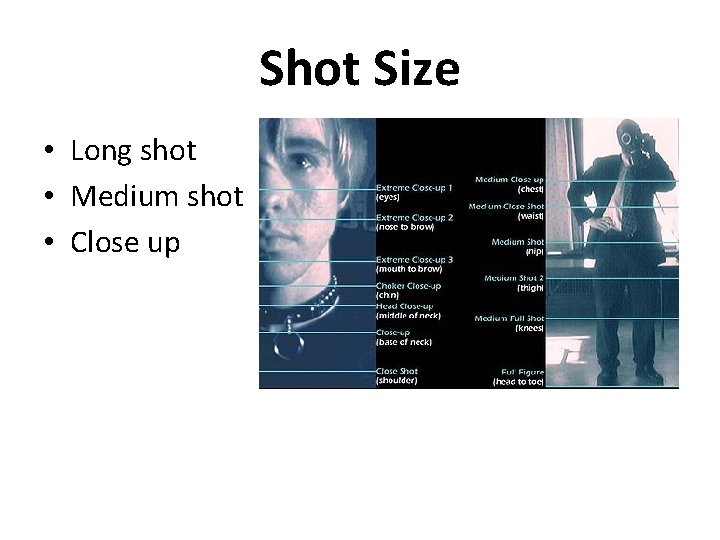 Shot Size • Long shot • Medium shot • Close up 