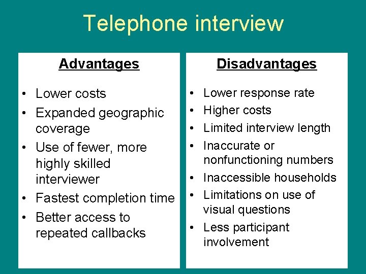 Telephone interview Advantages • Lower costs • Expanded geographic coverage • Use of fewer, Telephone interview Advantages • Lower costs • Expanded geographic coverage • Use of fewer,