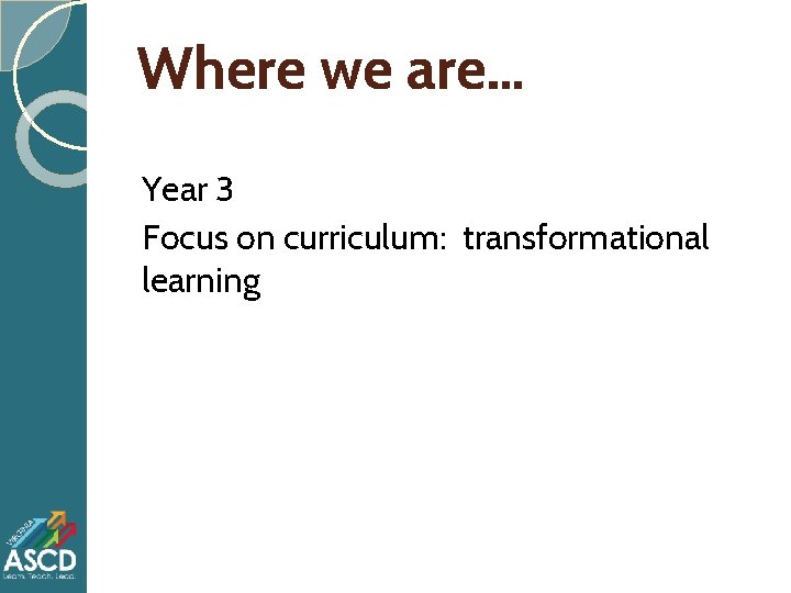 Where we are… Year 3 Focus on curriculum: transformational learning Where we are… Year 3 Focus on curriculum: transformational learning