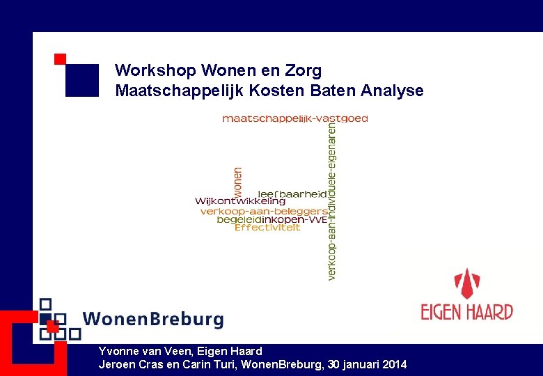 Workshop Wonen en Zorg Maatschappelijk Kosten Baten Analyse Yvonne van Veen, Eigen Haard Jeroen