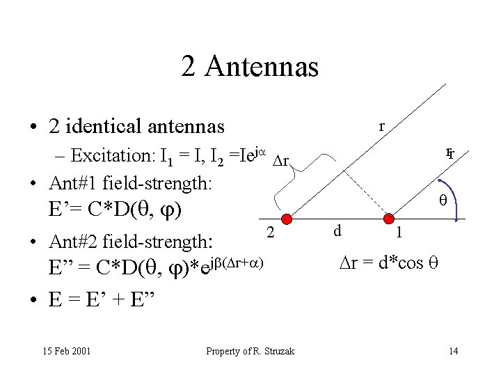 2 Antennas • 2 identical antennas r rr – Excitation: I 1 = I,