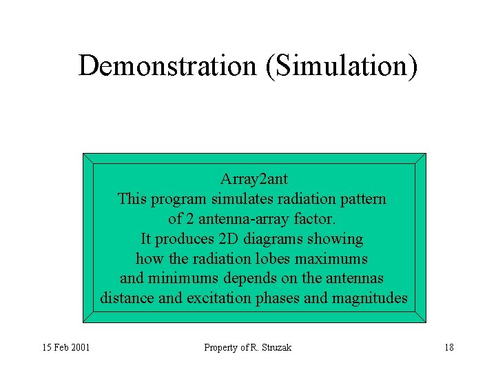 Demonstration (Simulation) Array 2 ant This program simulates radiation pattern of 2 antenna-array factor.