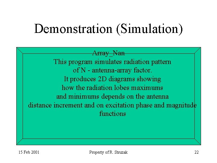 Demonstration (Simulation) Array_Nan This program simulates radiation pattern of N - antenna-array factor. It