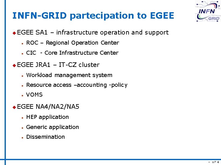 INFN-GRID partecipation to EGEE u EGEE SA 1 – infrastructure operation and support n