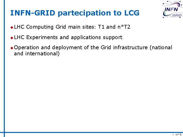 INFN-GRID partecipation to LCG u LHC Computing Grid main sites: T 1 and n*T