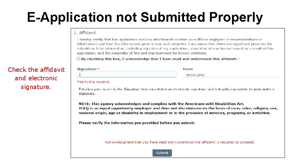 E-Application not Submitted Properly Check the affidavit and electronic signature. 
