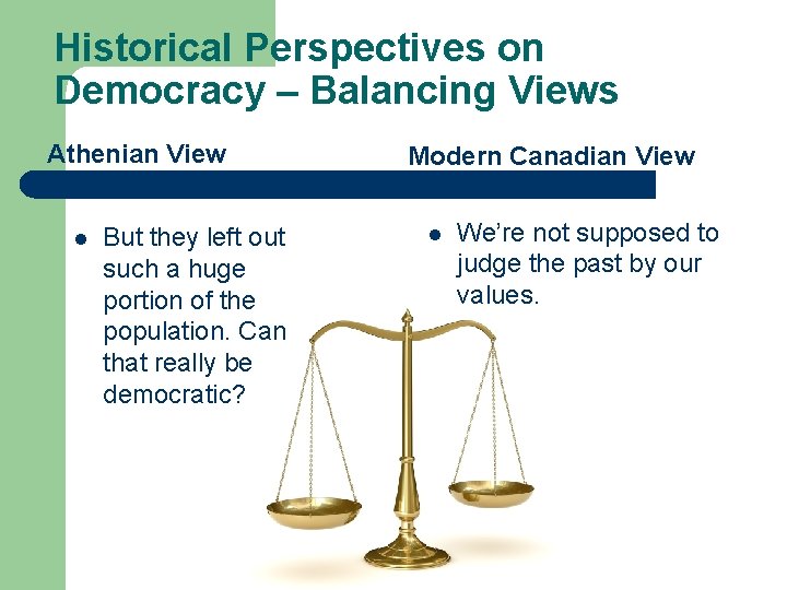 Historical Perspectives on Democracy – Balancing Views Athenian View l But they left out
