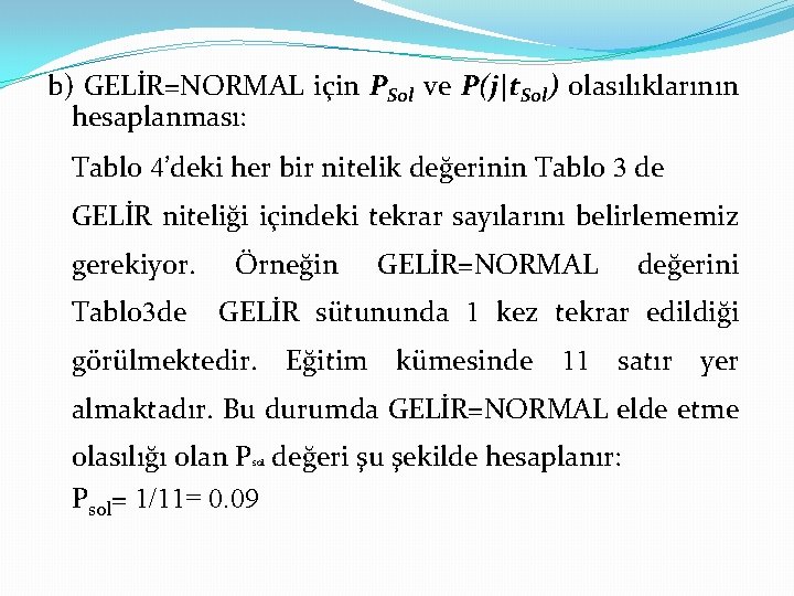 b) GELİR=NORMAL için PSol ve P(j|t. Sol) olasılıklarının hesaplanması: Tablo 4’deki her bir nitelik