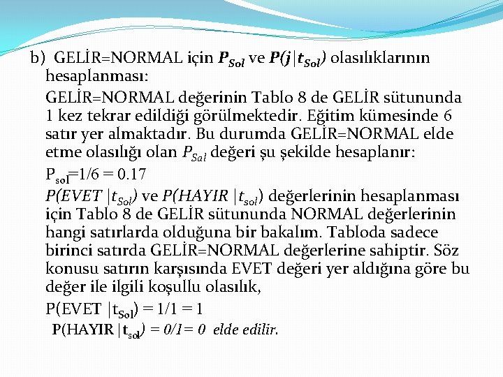 b) GELİR=NORMAL için PSol ve P(j|t. Sol) olasılıklarının hesaplanması: GELİR=NORMAL değerinin Tablo 8 de